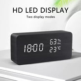 Alarm LED Watch, black rectangular wooden clock with bright white LED time, humidity and temperature display