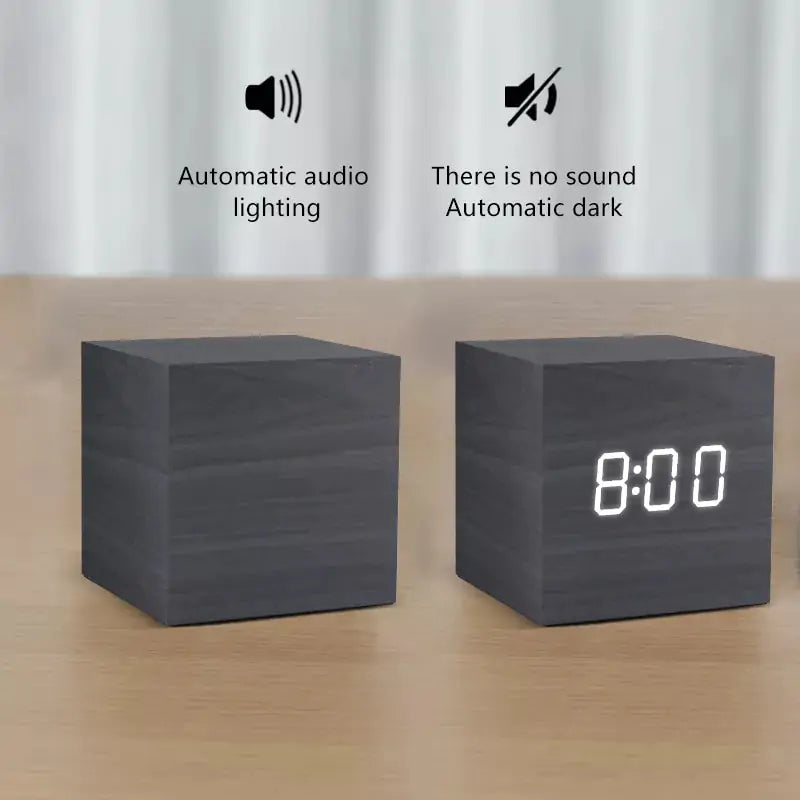 Alarm LED Watch, dark wood cube clock with bright white digital 8:00 display and sound-activated lighting feature