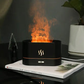 Flame Aroma Diffuser in black with sleek design, emitting a realistic orange flame effect and featuring steam vents on front