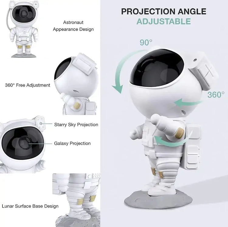 LED Astro Projector shaped like an astronaut with adjustable head for 360-degree starry sky and galaxy projections on a lunar surface base