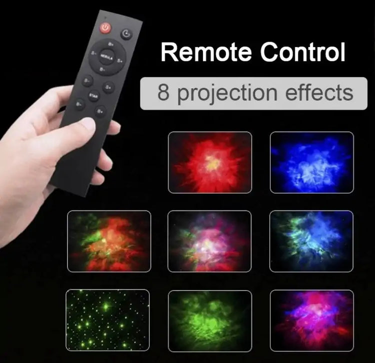 LED Astro Projector remote control held by hand showing buttons for 8 colorful projection effects including red, blue, green, and multicolor patterns