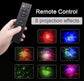 LED Astro Projector remote control held by hand showing buttons for 8 colorful projection effects including red, blue, green, and multicolor patterns