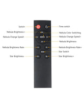 Black remote control for LED Astro Projector featuring buttons for power, time, nebula and star brightness, color switching, and speed adjustments