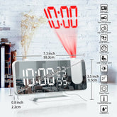 LED Digital Projection Clock with a sleek white plastic body, large mirrored LED display, and red time projection feature.