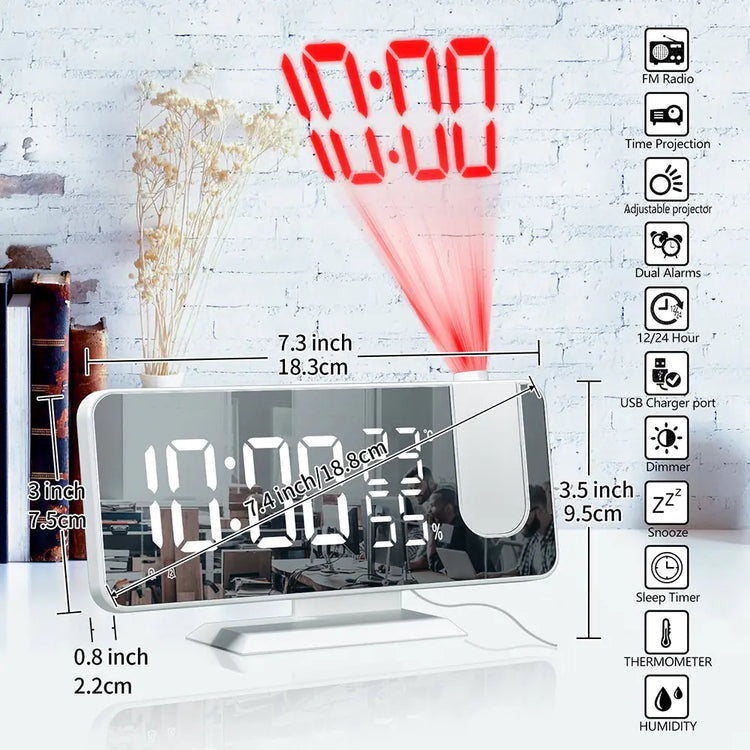 LED Digital Projection Clock with a sleek white plastic body, large mirrored LED display, and red time projection feature.
