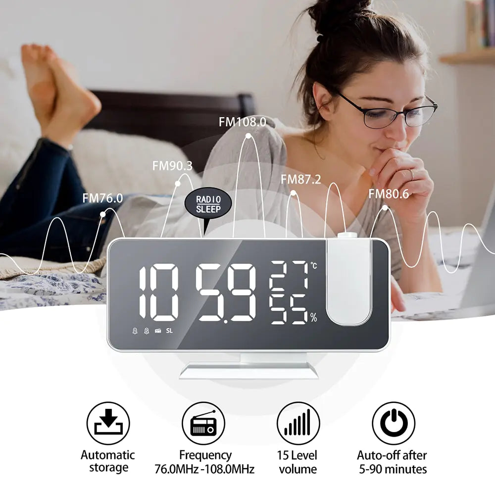 LED Digital Projection Clock with large white LED display, temperature and humidity indicators, and radio frequency visualization on sleek white casing