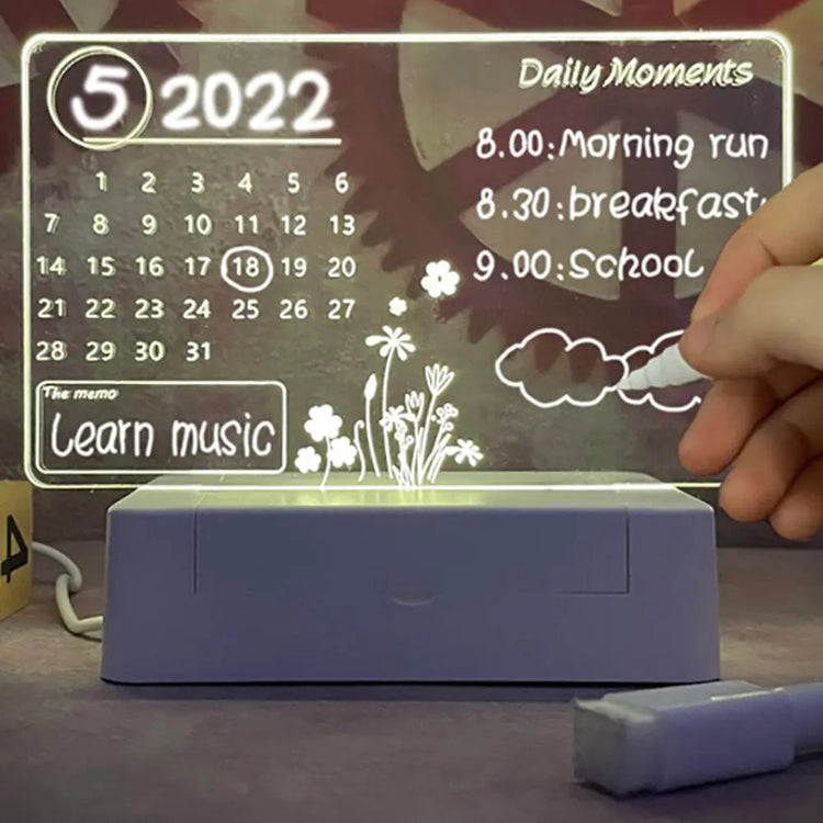LED Note Board with clear acrylic panel and white illuminated calendar, daily schedule, and memo writing with fine-tip marker