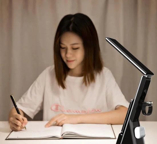 LED Study Lamp in black ABS with an adjustable dual-arm design and slim angled LED light bar