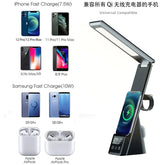 LED Study Lamp in black ABS with slim adjustable light, digital clock display, and Qi wireless charging stand