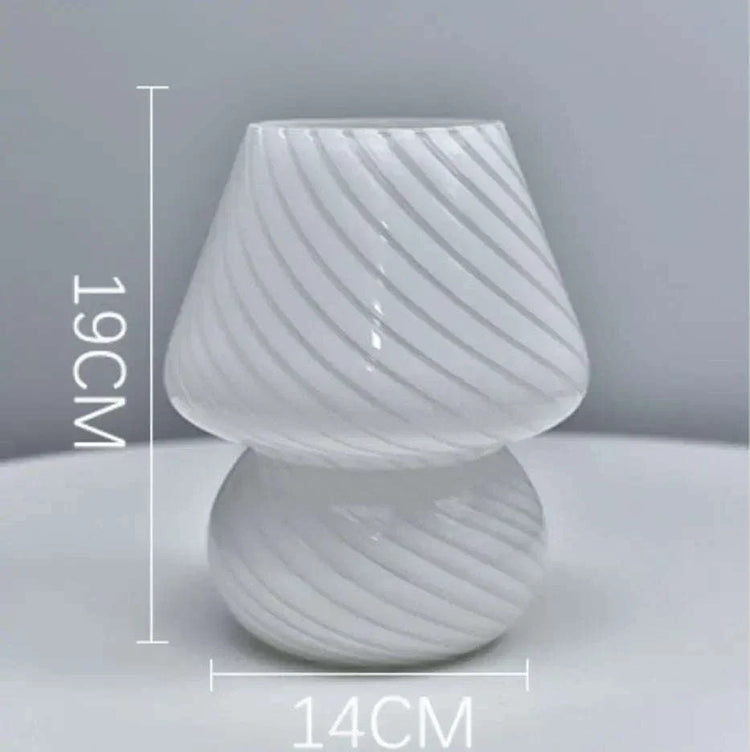 Mushroom LED Lamp made of clear white glass with diagonal swirl pattern, compact 19cm height and 14cm width design