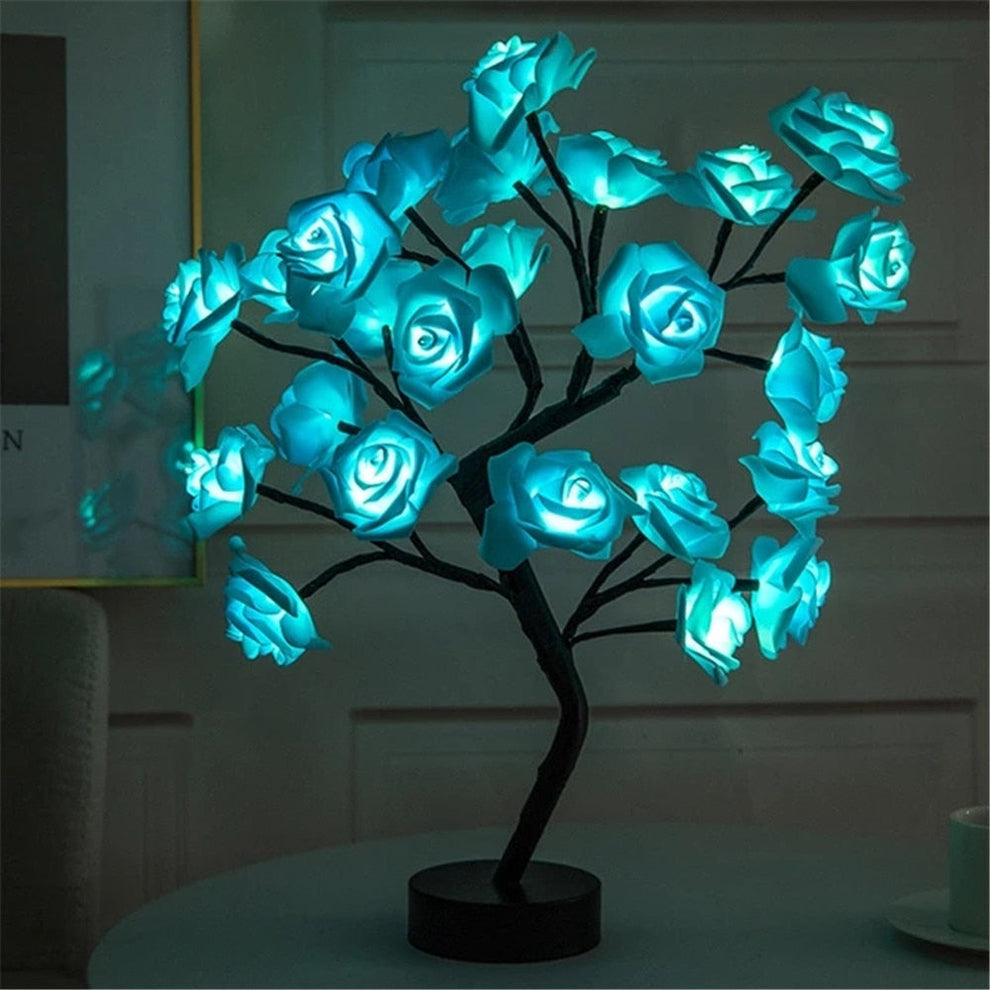 Rose Tree Lamp with glowing blue synthetic rose petals on black metal branches and base providing ambient lighting